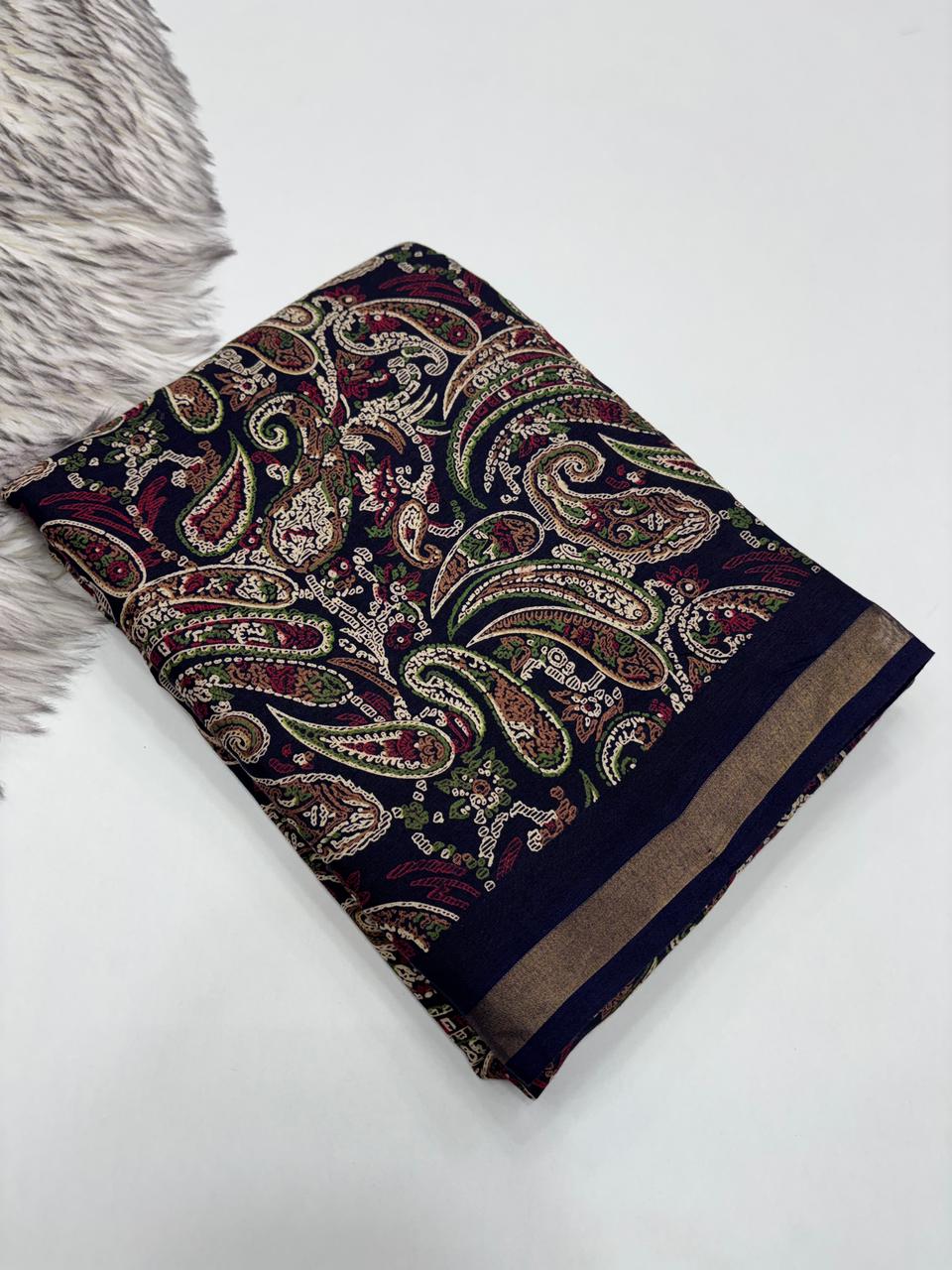 Excellent Party Wear Pure Soft Kashmiri Cotton Silk Designer Printed n Rich Pallu Saree With Blouse Piece