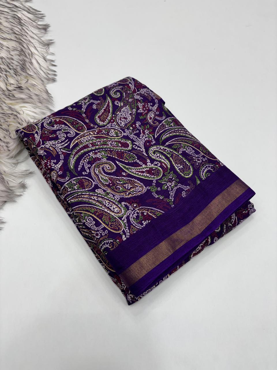 Excellent Party Wear Pure Soft Kashmiri Cotton Silk Designer Printed n Rich Pallu Saree With Blouse Piece