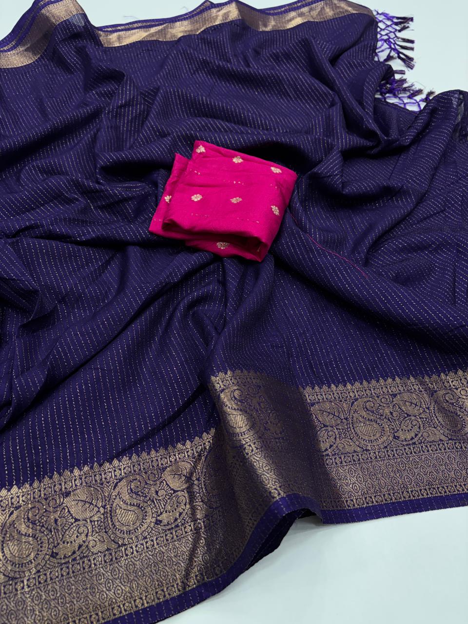 Elegant Function Wear Purple Color Pure Dola Silk Jacquard Weaving Work Fancy Designer Saree With Blouse Piece
