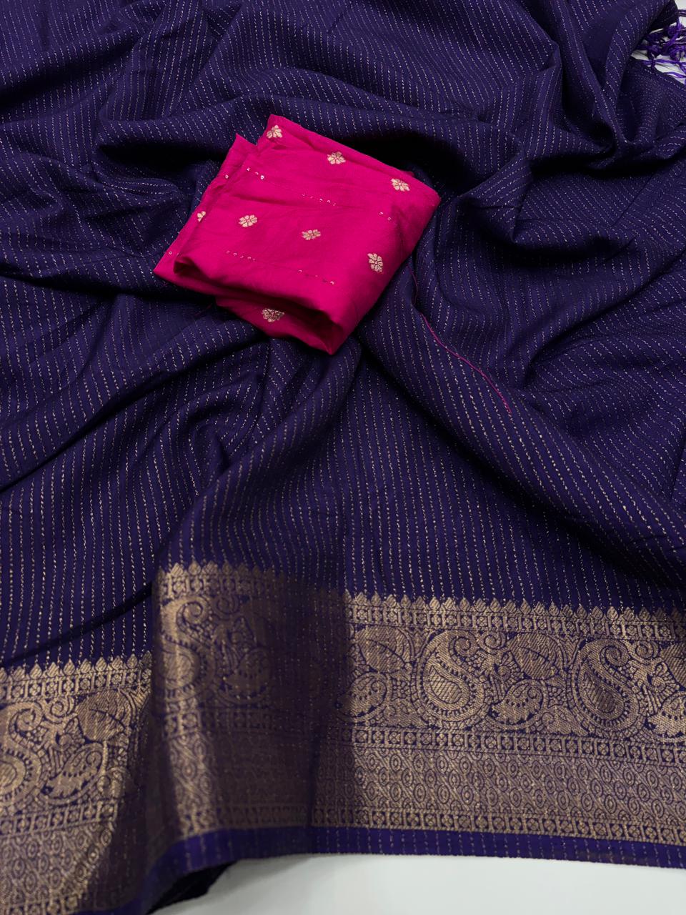 Elegant Function Wear Purple Color Pure Dola Silk Jacquard Weaving Work Fancy Designer Saree With Blouse Piece