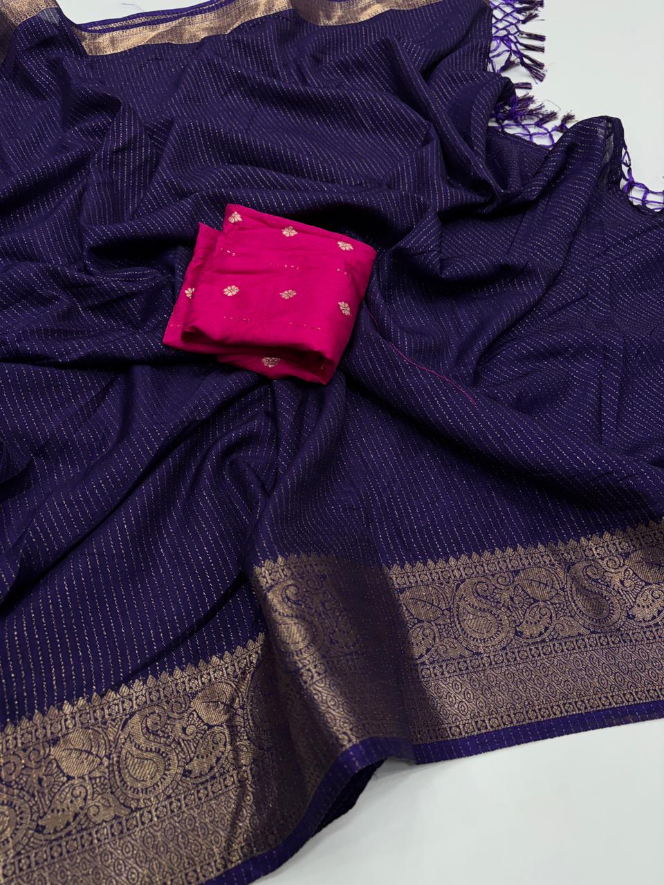 Elegant Function Wear Purple Color Pure Dola Silk Jacquard Weaving Work Fancy Designer Saree With Blouse Piece