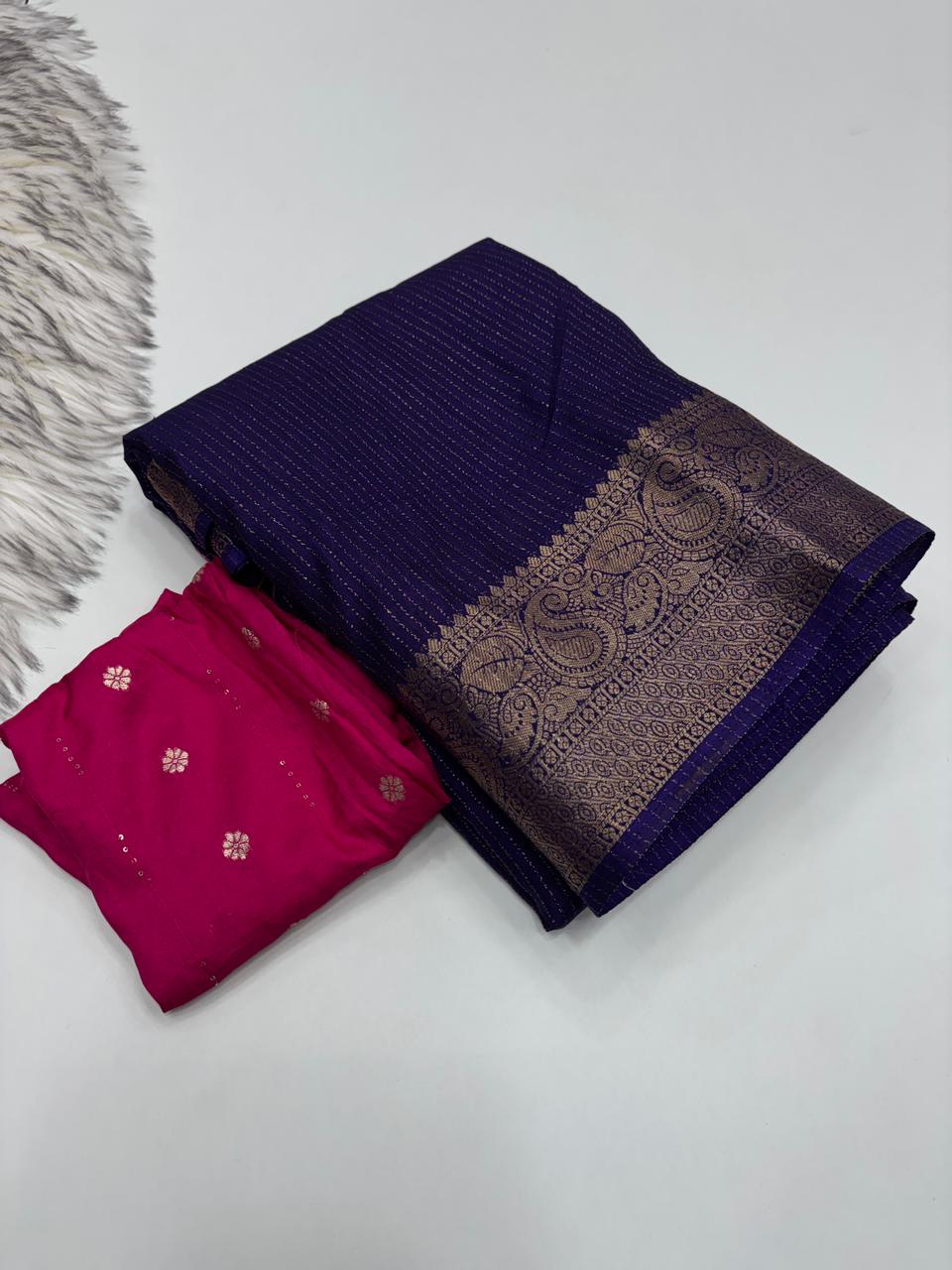 Elegant Function Wear Purple Color Pure Dola Silk Jacquard Weaving Work Fancy Designer Saree With Blouse Piece