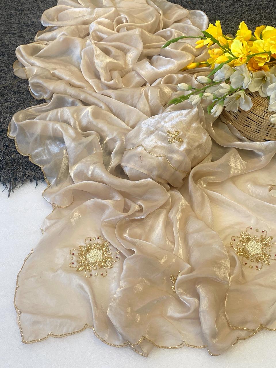 Groovy Party Wear Soft Silk Handwork Fancy Designer Saree With Blissful Blouse Piece