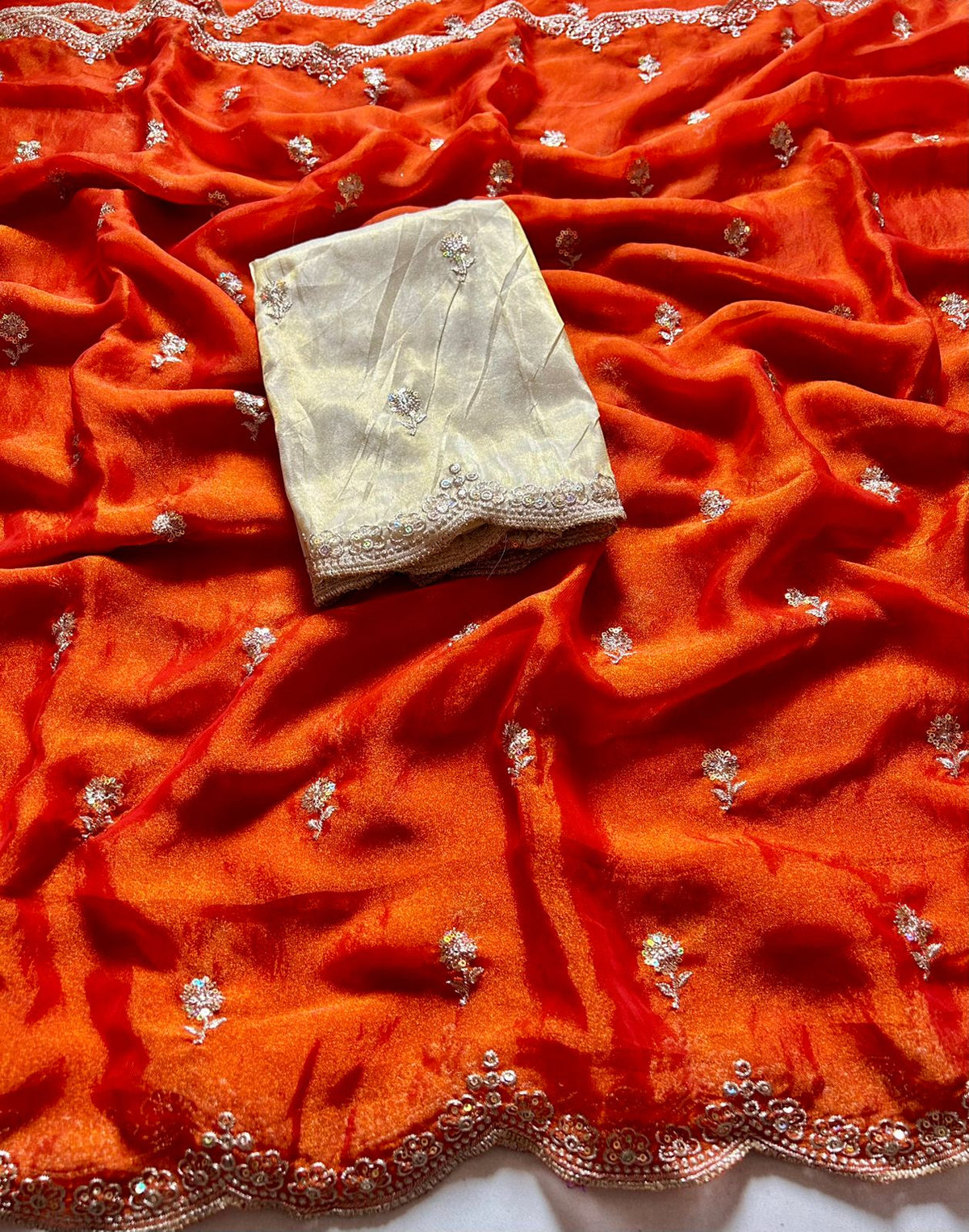Adorable Wedding Wear Satin Silk Dual Shaded Sequence Work n Flower Butti Arco Border Desginer Saree For Ocassion
