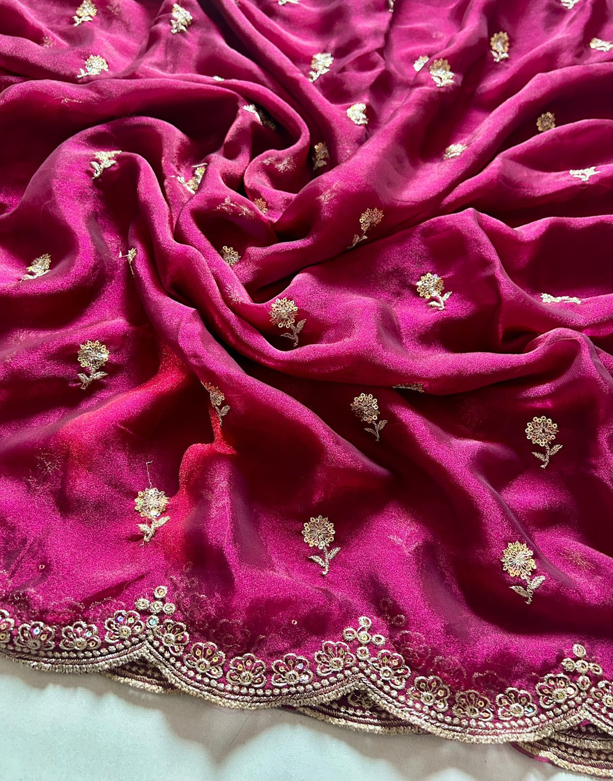 Adorable Wedding Wear Satin Silk Dual Shaded Sequence Work n Flower Butti Arco Border Desginer Saree For Ocassion