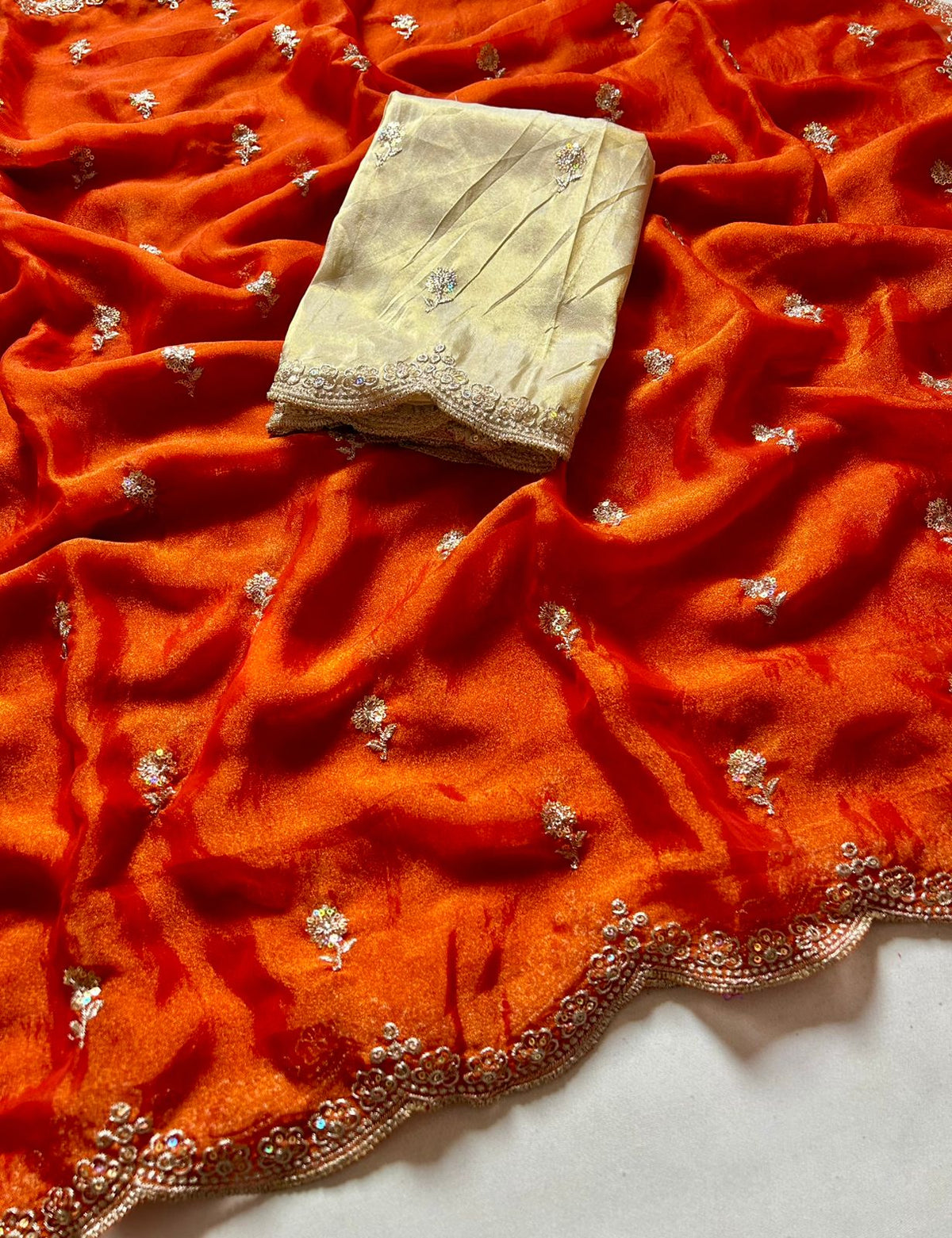 Adorable Wedding Wear Satin Silk Dual Shaded Sequence Work n Flower Butti Arco Border Desginer Saree For Ocassion