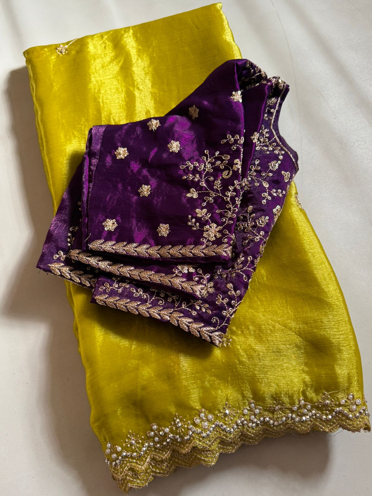 Charismatic Wedding Wear Crunchy Chiffon Crush Silk Embroidery n Scalloped Cut Work Border Designer Saree With Unstitched Blouse