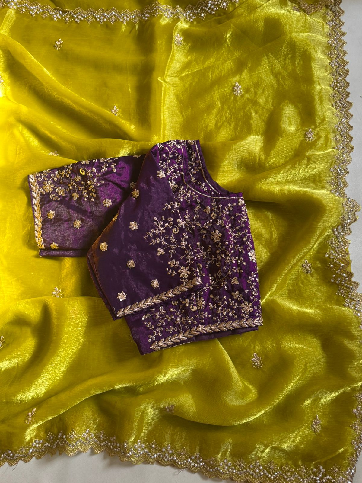 Charismatic Wedding Wear Crunchy Chiffon Crush Silk Embroidery n Scalloped Cut Work Border Designer Saree With Unstitched Blouse