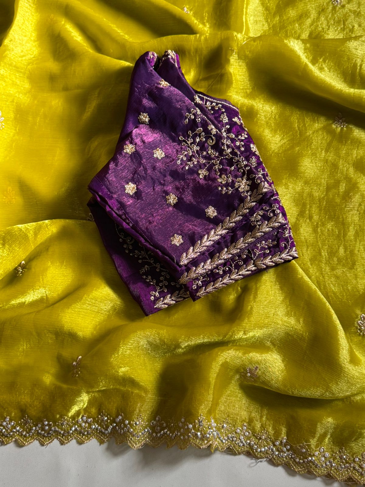 Charismatic Wedding Wear Crunchy Chiffon Crush Silk Embroidery n Scalloped Cut Work Border Designer Saree With Unstitched Blouse