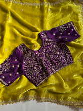 Load image into Gallery viewer, Charismatic Wedding Wear Crunchy Chiffon Crush Silk Embroidery n Scalloped Cut Work Border Designer Saree With Unstitched Blouse
