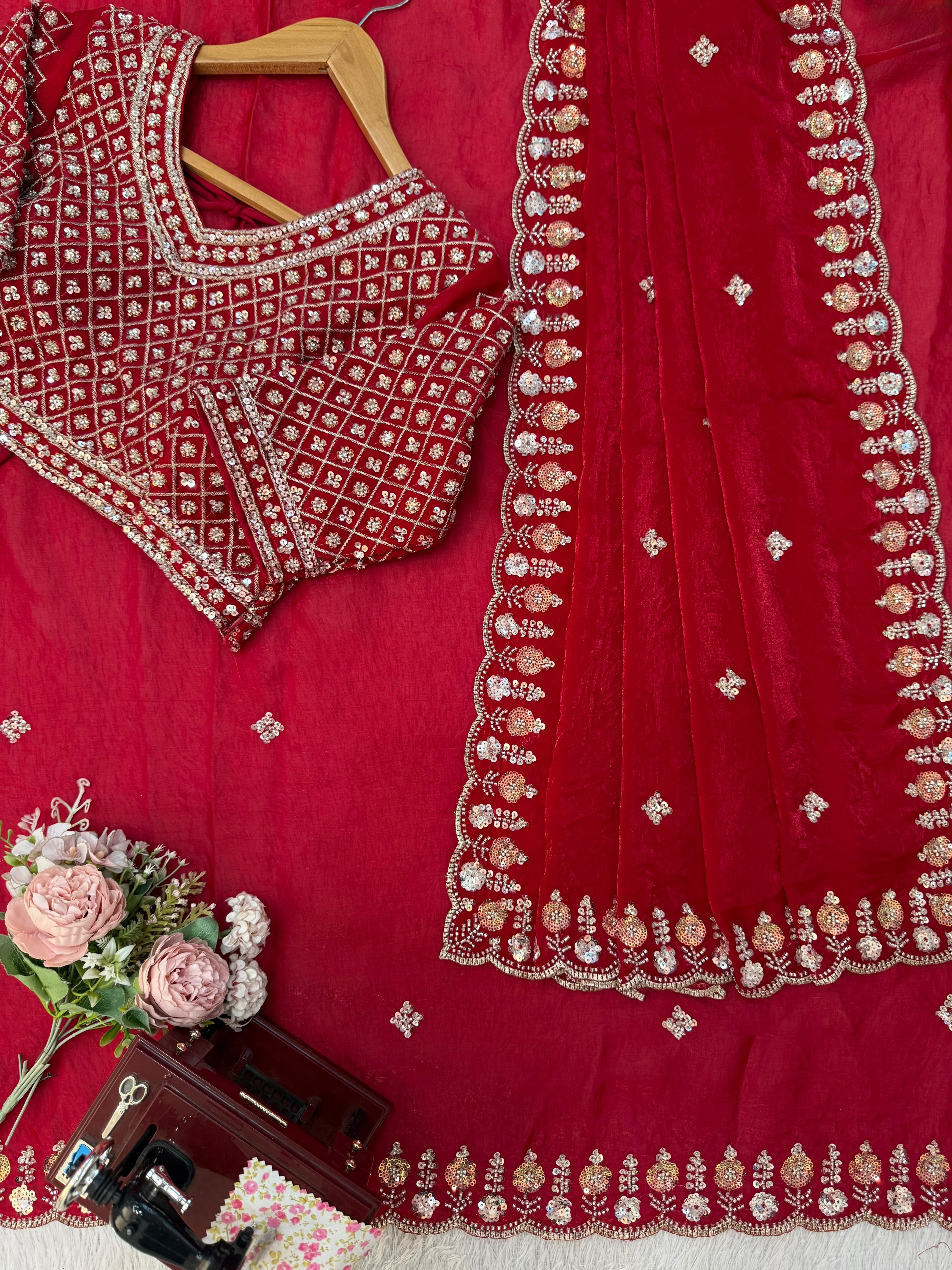 Heritage Party Wear Silk Fabric Beds Thread n Sequence Work Fancy Designer Saree With Unstitched Blouse