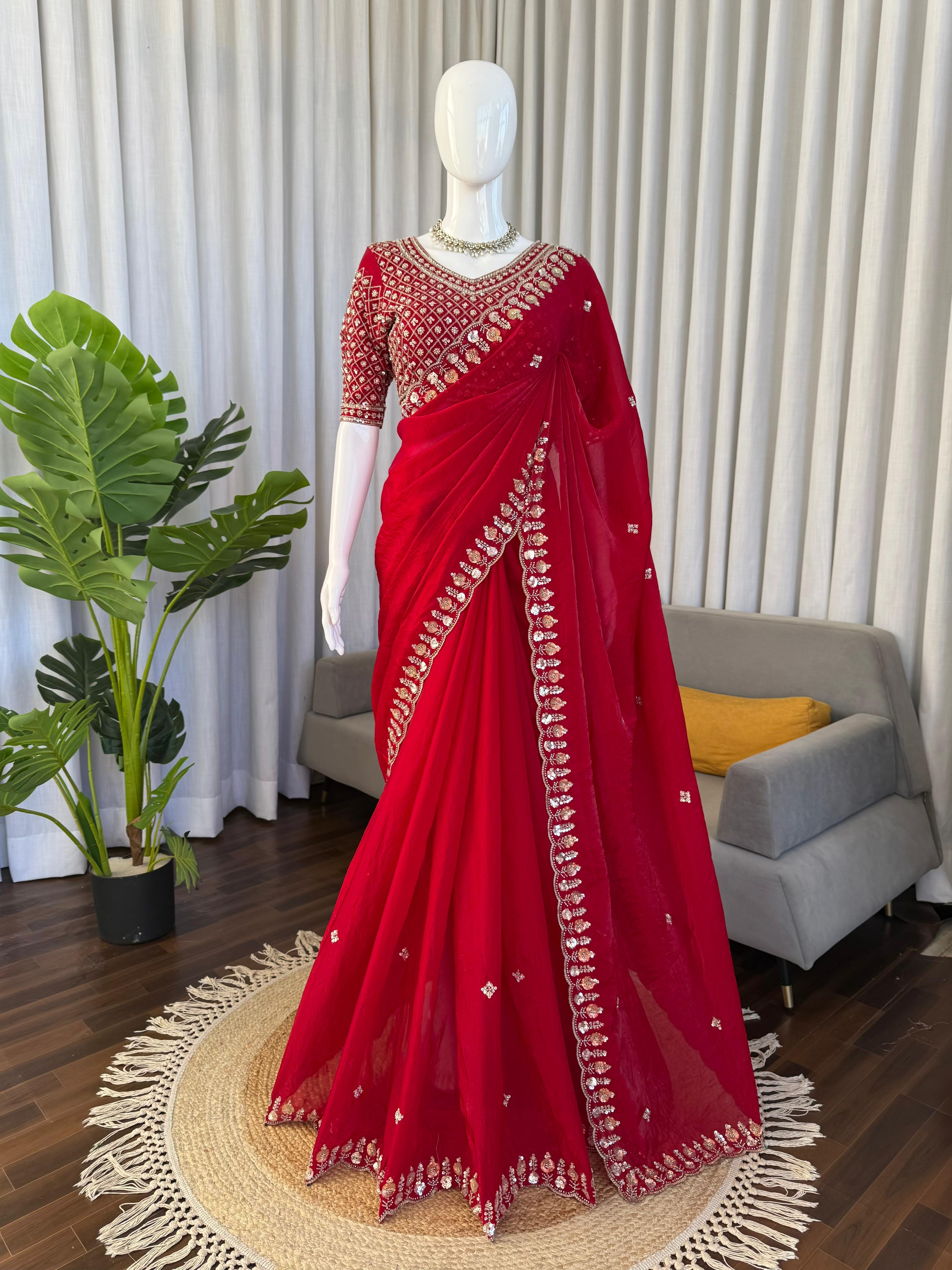 Heritage Party Wear Silk Fabric Beds Thread n Sequence Work Fancy Designer Saree With Unstitched Blouse