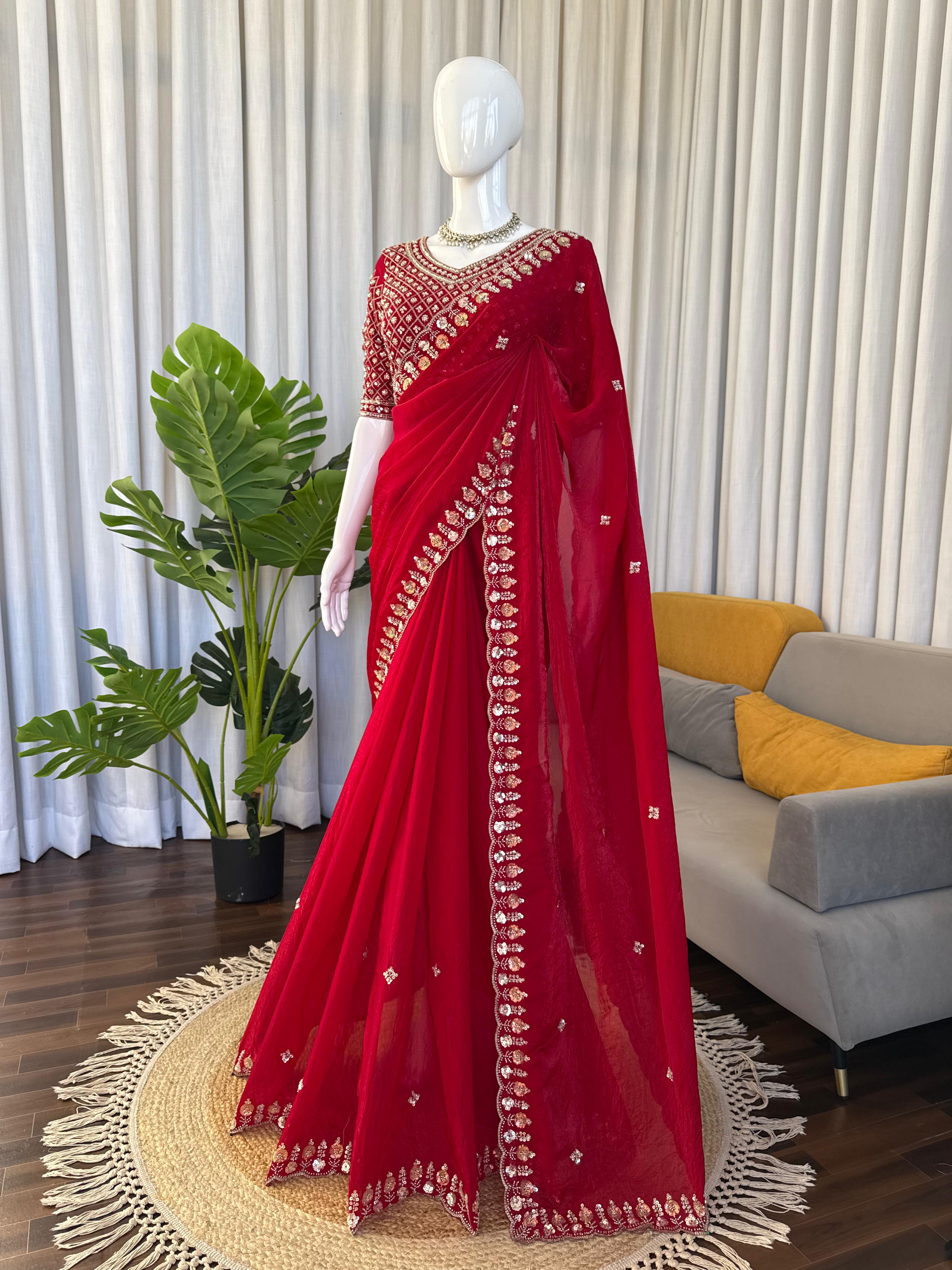 Heritage Party Wear Silk Fabric Beds Thread n Sequence Work Fancy Designer Saree With Unstitched Blouse