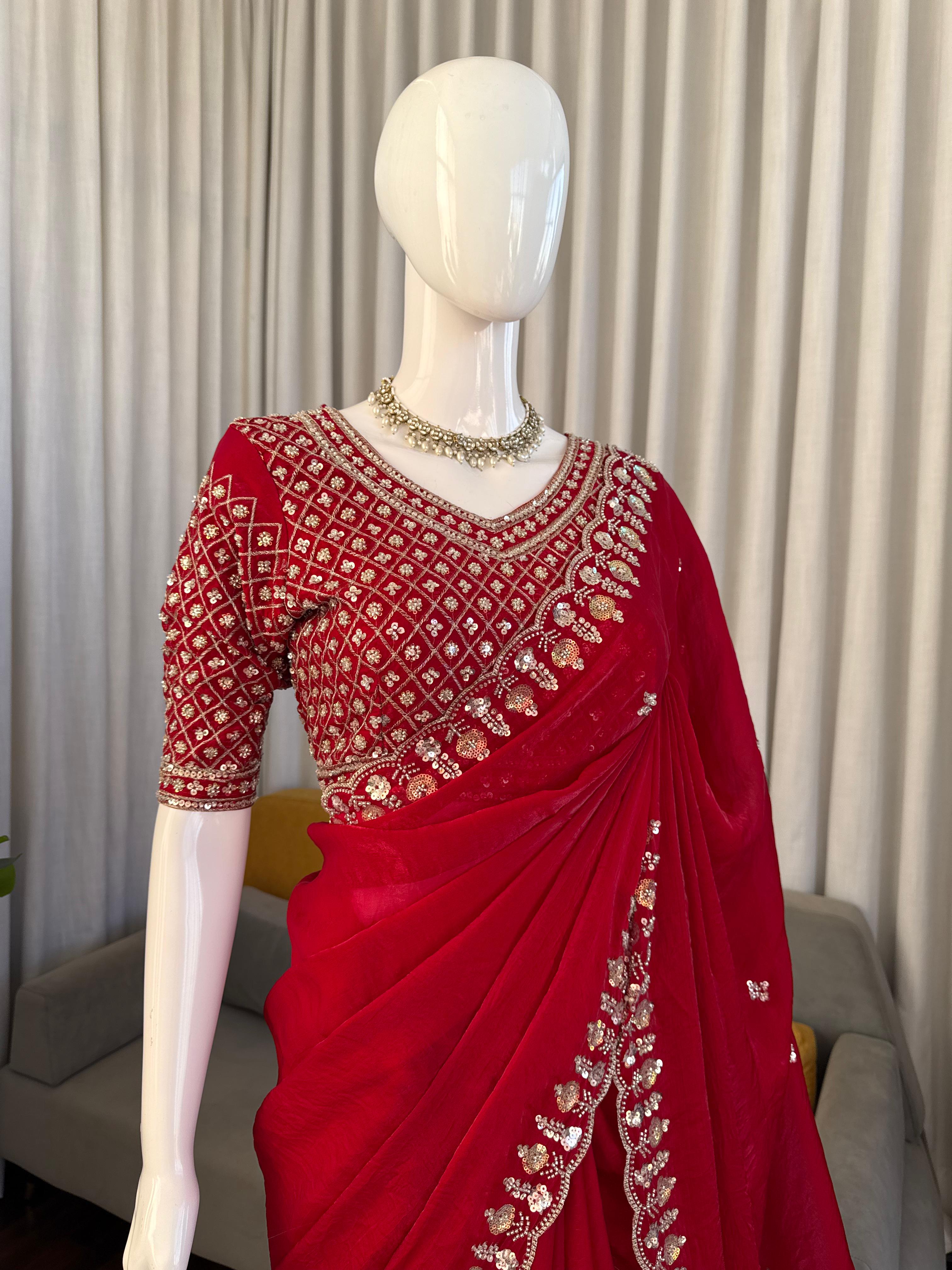 Heritage Party Wear Silk Fabric Beds Thread n Sequence Work Fancy Designer Saree With Unstitched Blouse