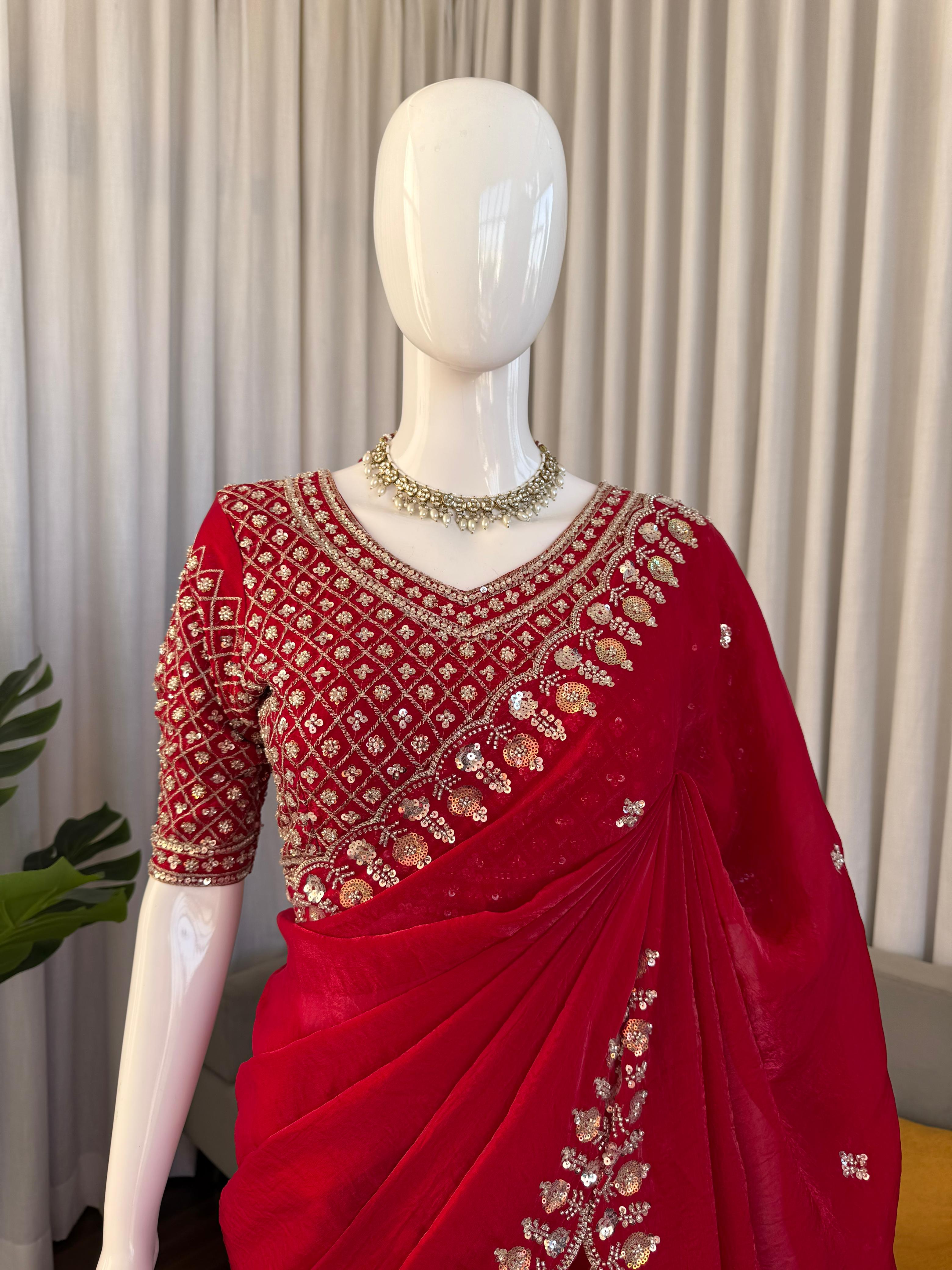 Heritage Party Wear Silk Fabric Beds Thread n Sequence Work Fancy Designer Saree With Unstitched Blouse
