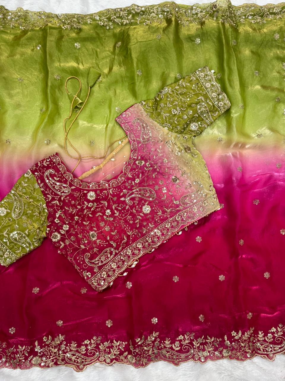 Exuberant Wedding Wear Satin Silk Heavy Embroidery n Aarco Work Fancy Designer Saree With Stitched Blouse