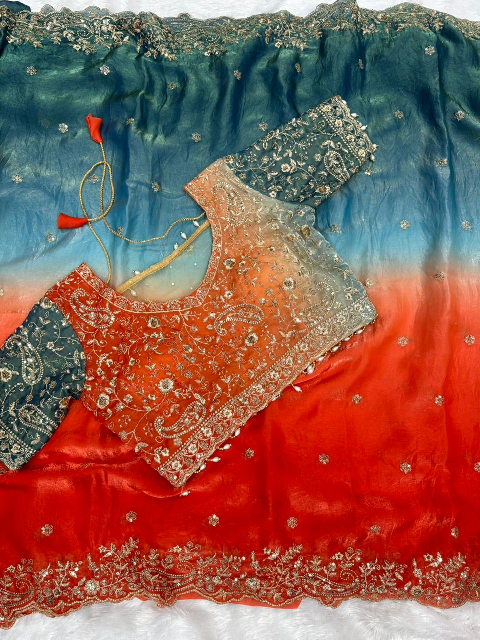 Exuberant Wedding Wear Satin Silk Heavy Embroidery n Aarco Work Fancy Designer Saree With Stitched Blouse