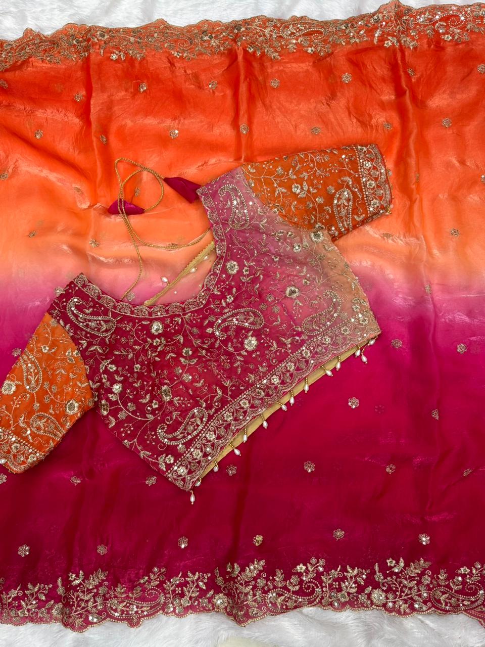Exuberant Wedding Wear Satin Silk Heavy Embroidery n Aarco Work Fancy Designer Saree With Stitched Blouse