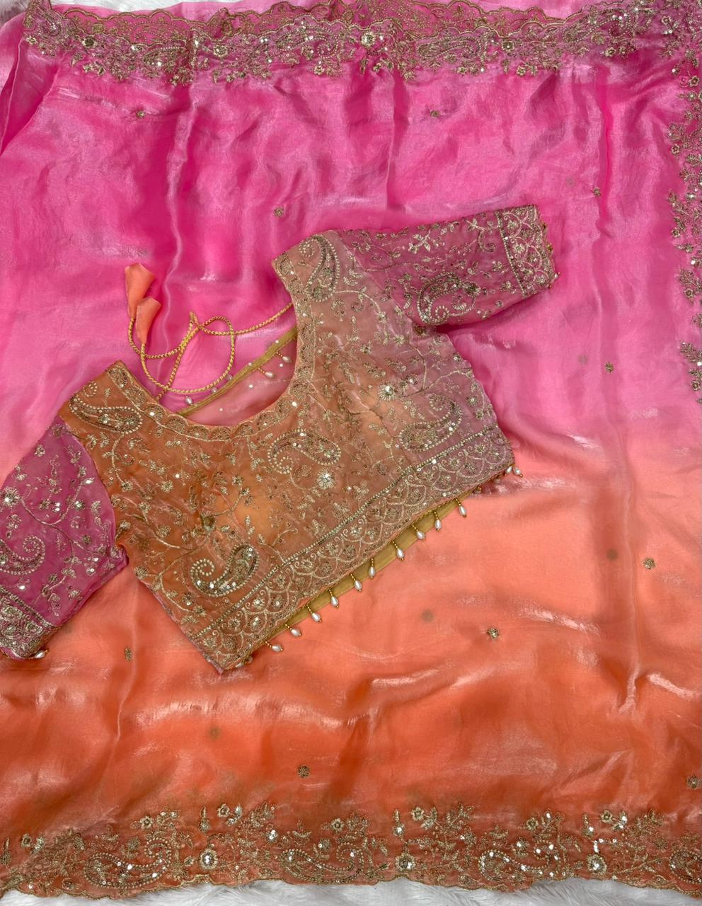 Exuberant Wedding Wear Satin Silk Heavy Embroidery n Aarco Work Fancy Designer Saree With Stitched Blouse