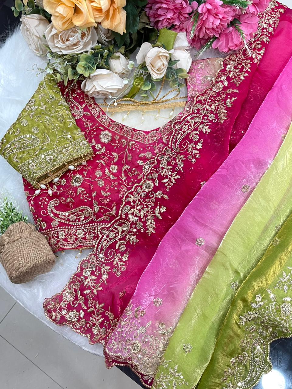 Exuberant Wedding Wear Satin Silk Heavy Embroidery n Aarco Work Fancy Designer Saree With Stitched Blouse