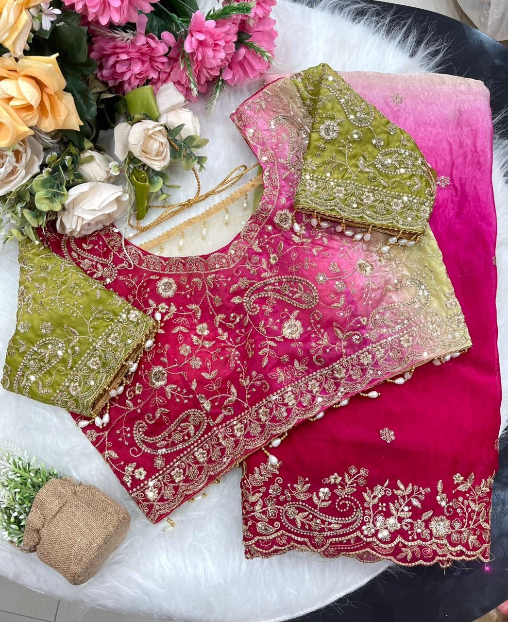 Exuberant Wedding Wear Satin Silk Heavy Embroidery n Aarco Work Fancy Designer Saree With Stitched Blouse
