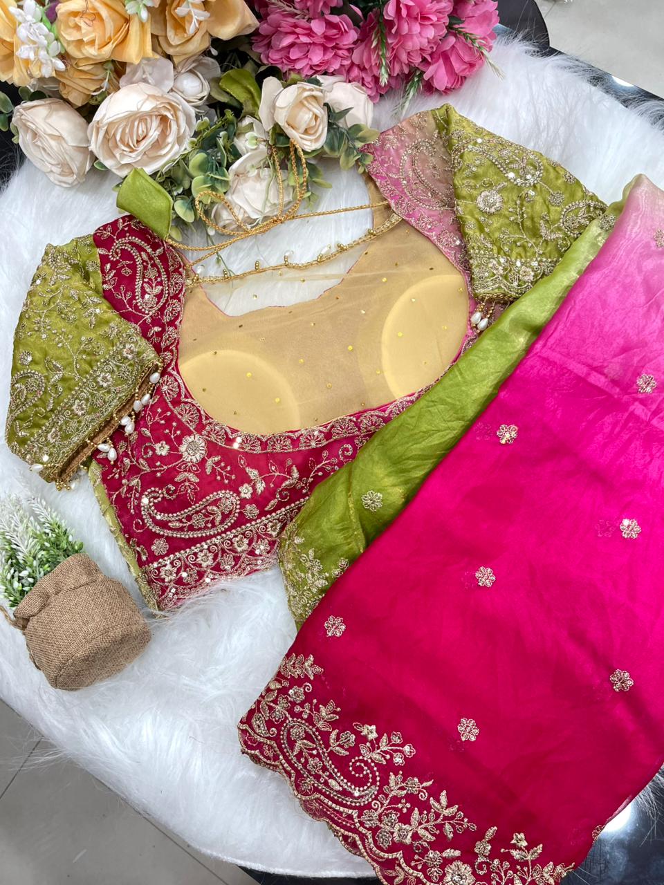 Exuberant Wedding Wear Satin Silk Heavy Embroidery n Aarco Work Fancy Designer Saree With Stitched Blouse