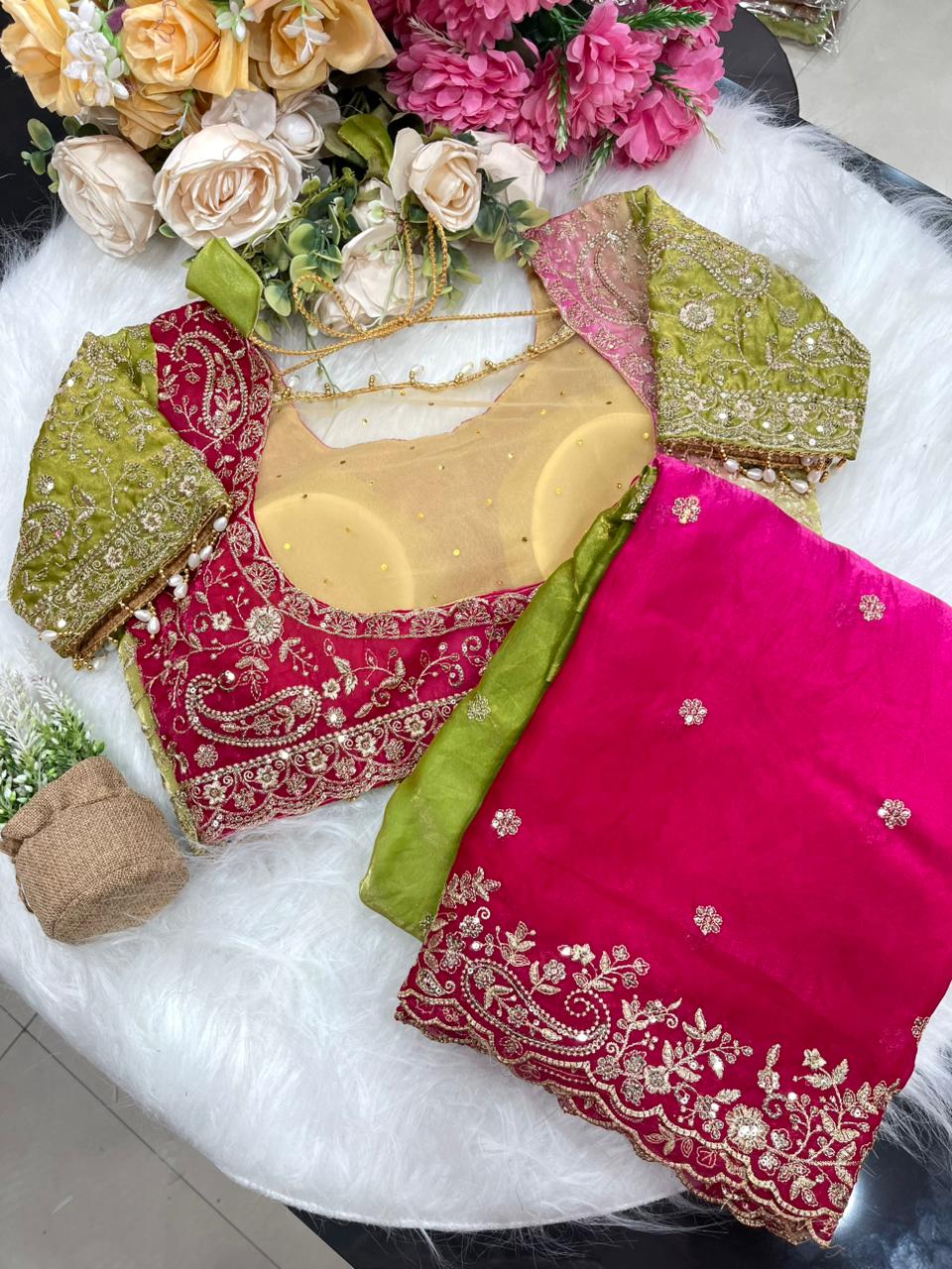 Exuberant Wedding Wear Satin Silk Heavy Embroidery n Aarco Work Fancy Designer Saree With Stitched Blouse