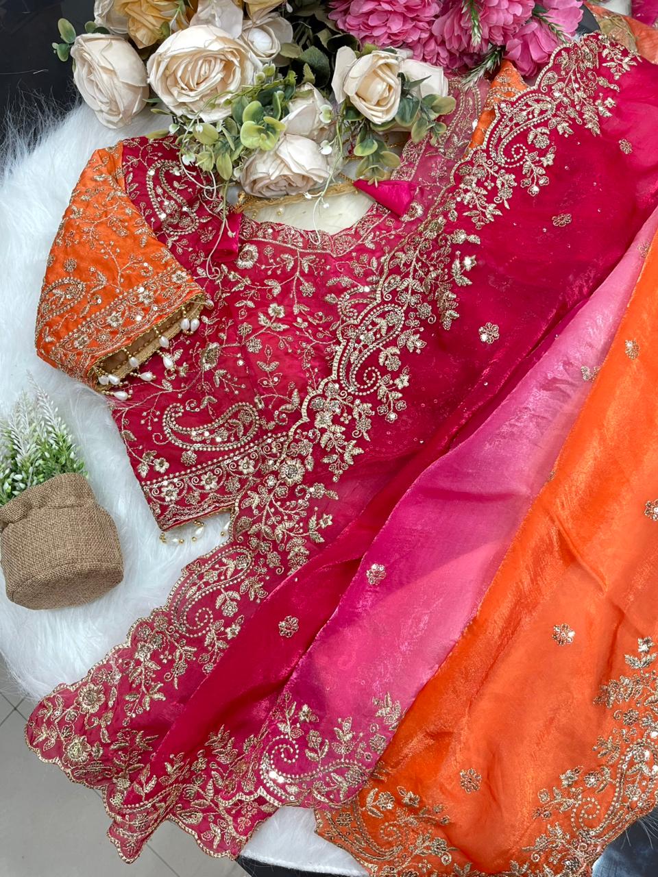 Exuberant Wedding Wear Satin Silk Heavy Embroidery n Aarco Work Fancy Designer Saree With Stitched Blouse