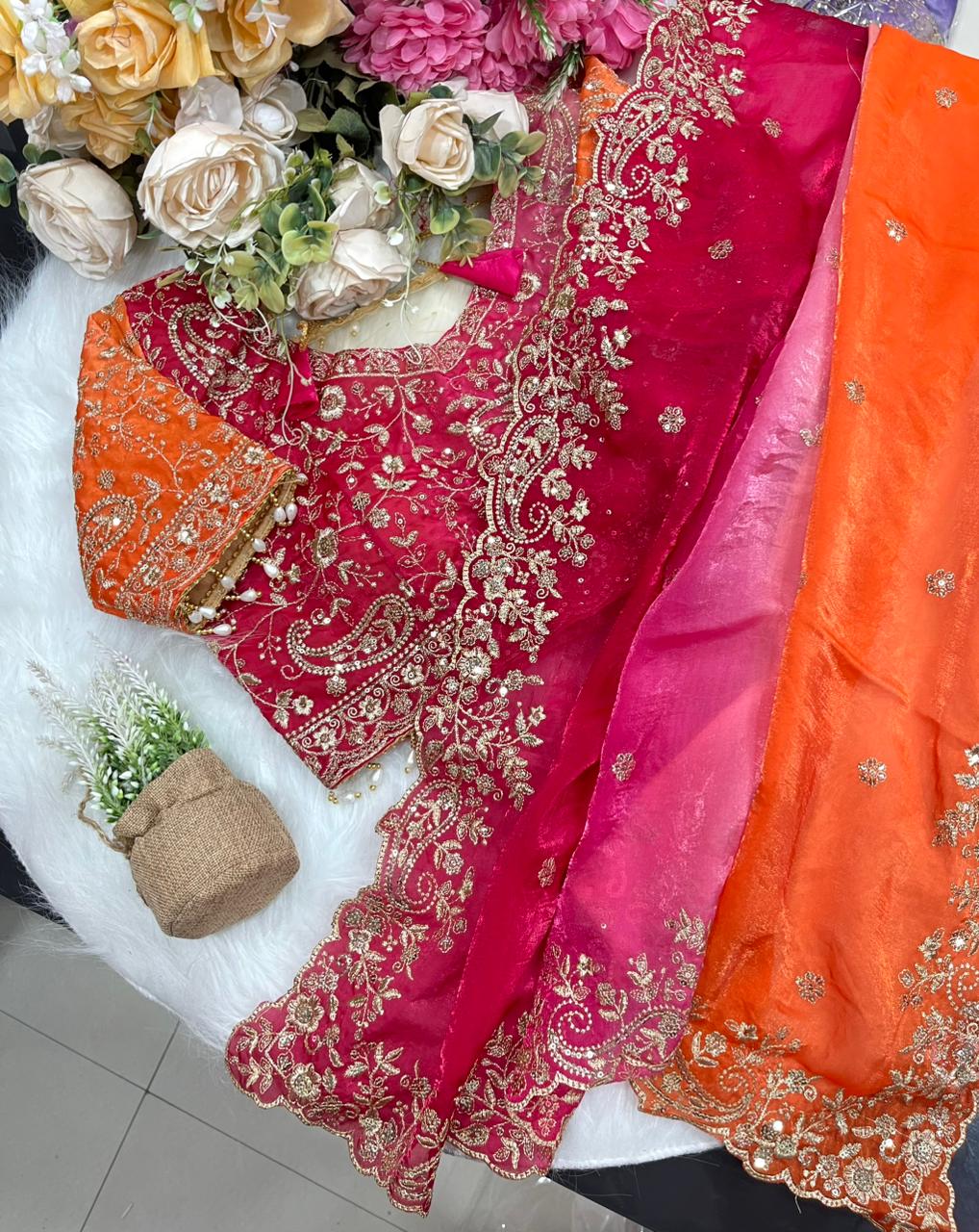 Exuberant Wedding Wear Satin Silk Heavy Embroidery n Aarco Work Fancy Designer Saree With Stitched Blouse