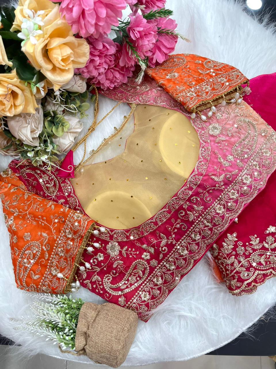 Exuberant Wedding Wear Satin Silk Heavy Embroidery n Aarco Work Fancy Designer Saree With Stitched Blouse