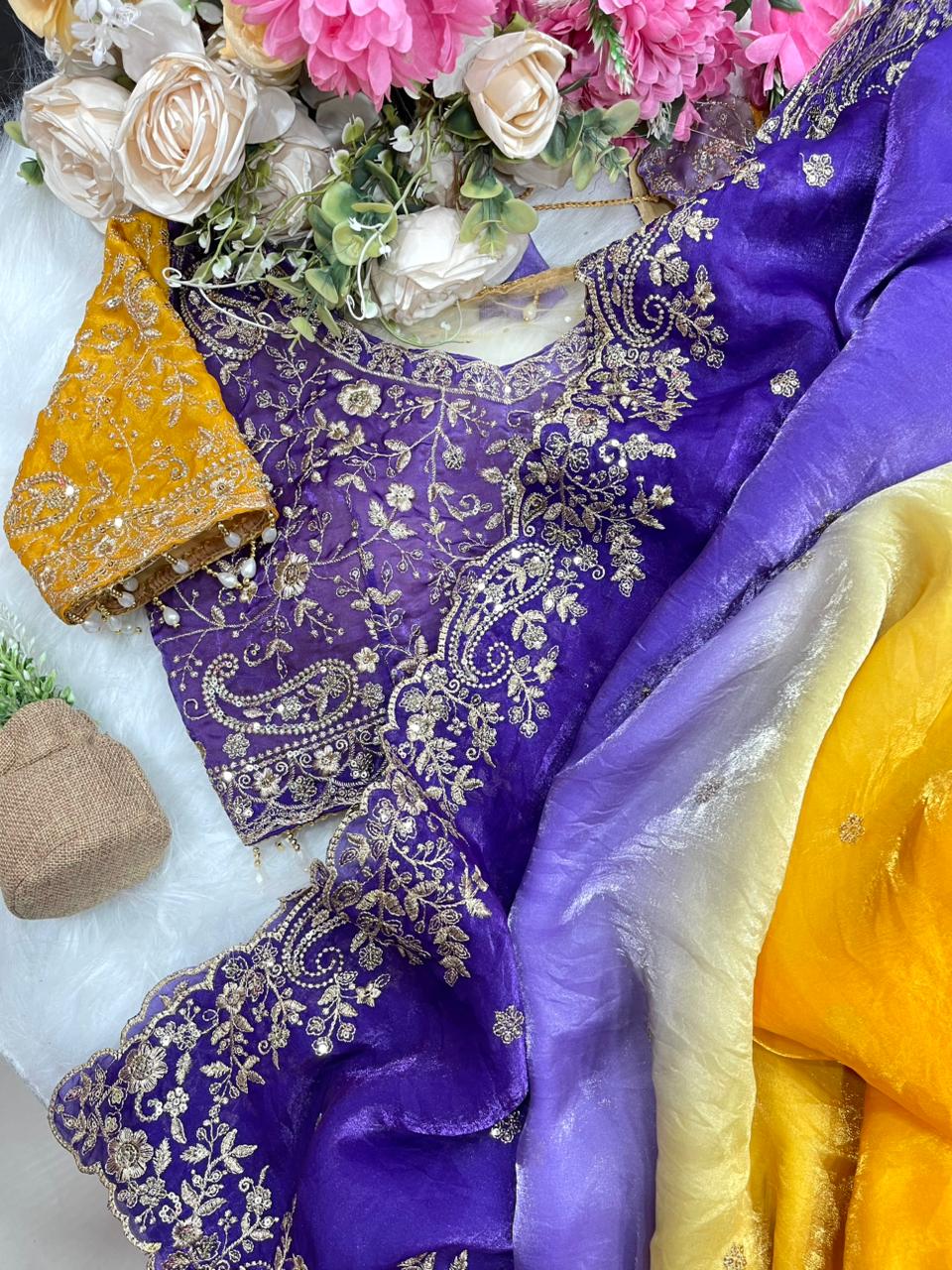 Exuberant Wedding Wear Satin Silk Heavy Embroidery n Aarco Work Fancy Designer Saree With Stitched Blouse