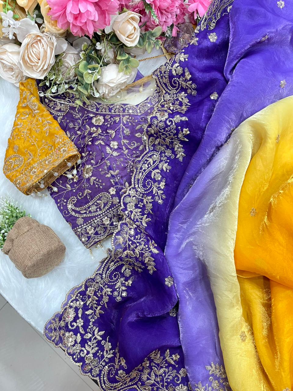 Exuberant Wedding Wear Satin Silk Heavy Embroidery n Aarco Work Fancy Designer Saree With Stitched Blouse