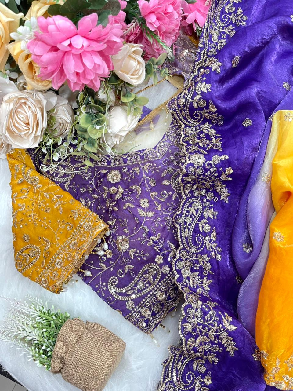 Exuberant Wedding Wear Satin Silk Heavy Embroidery n Aarco Work Fancy Designer Saree With Stitched Blouse