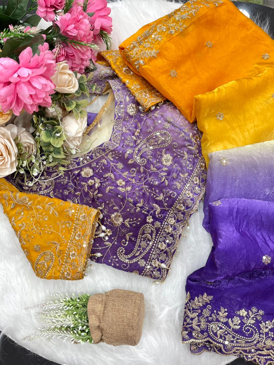 Exuberant Wedding Wear Satin Silk Heavy Embroidery n Aarco Work Fancy Designer Saree With Stitched Blouse