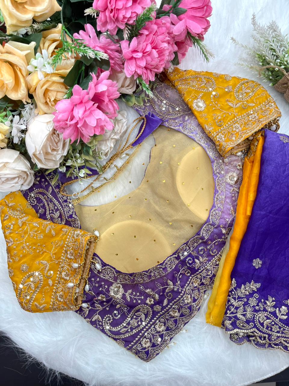 Exuberant Wedding Wear Satin Silk Heavy Embroidery n Aarco Work Fancy Designer Saree With Stitched Blouse