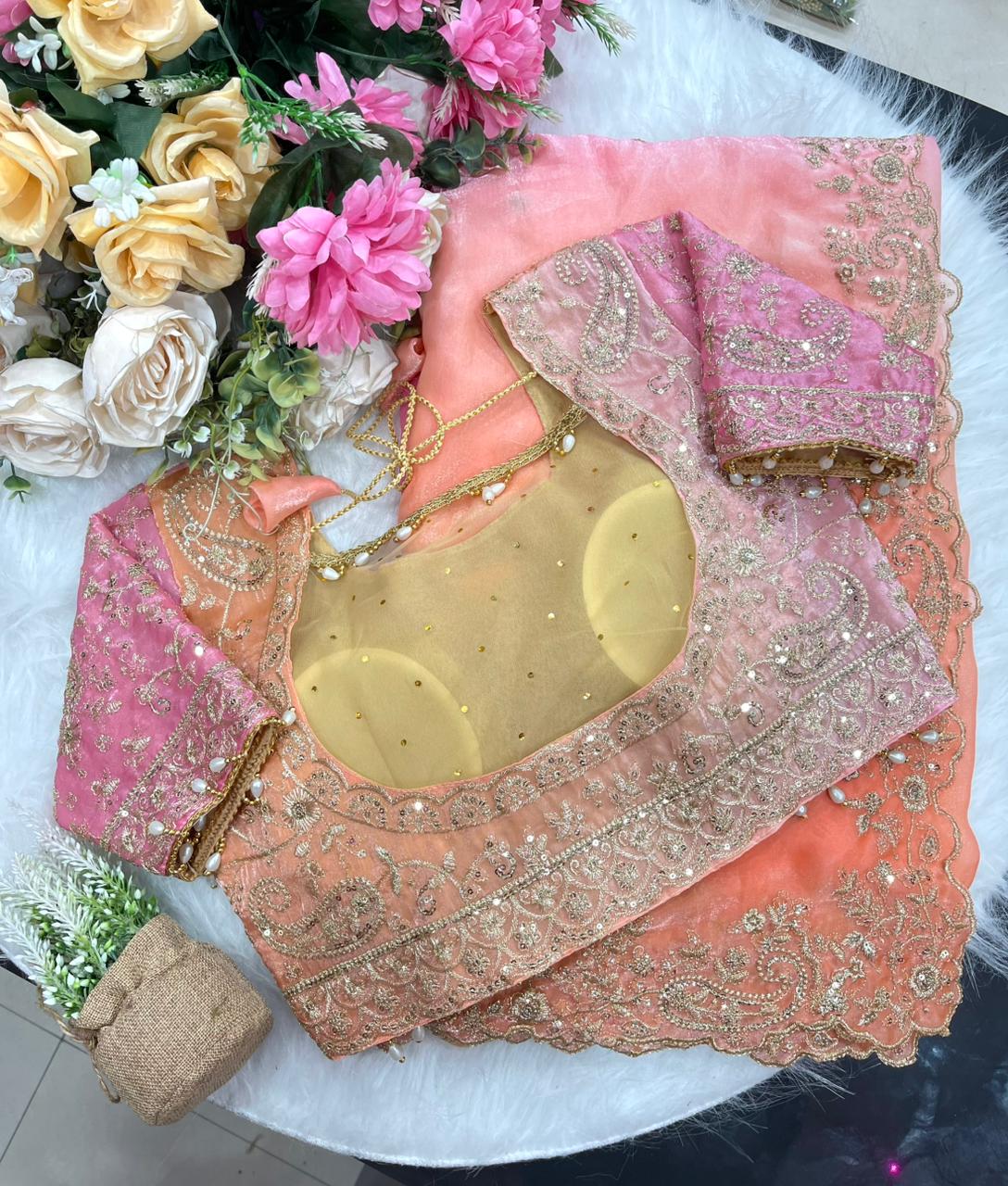 Exuberant Wedding Wear Satin Silk Heavy Embroidery n Aarco Work Fancy Designer Saree With Stitched Blouse