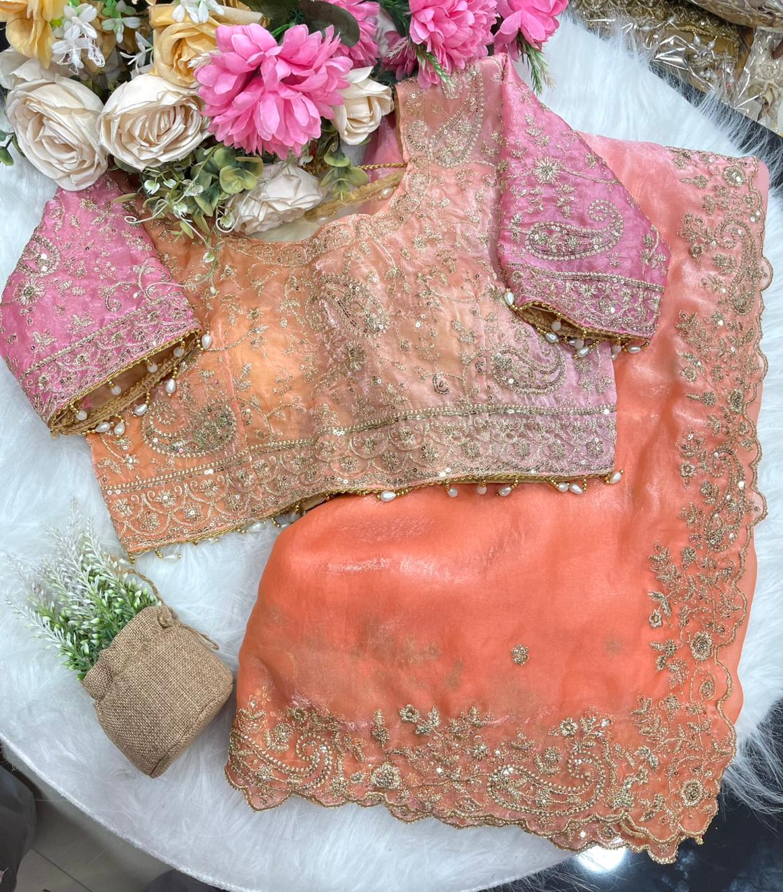 Exuberant Wedding Wear Satin Silk Heavy Embroidery n Aarco Work Fancy Designer Saree With Stitched Blouse