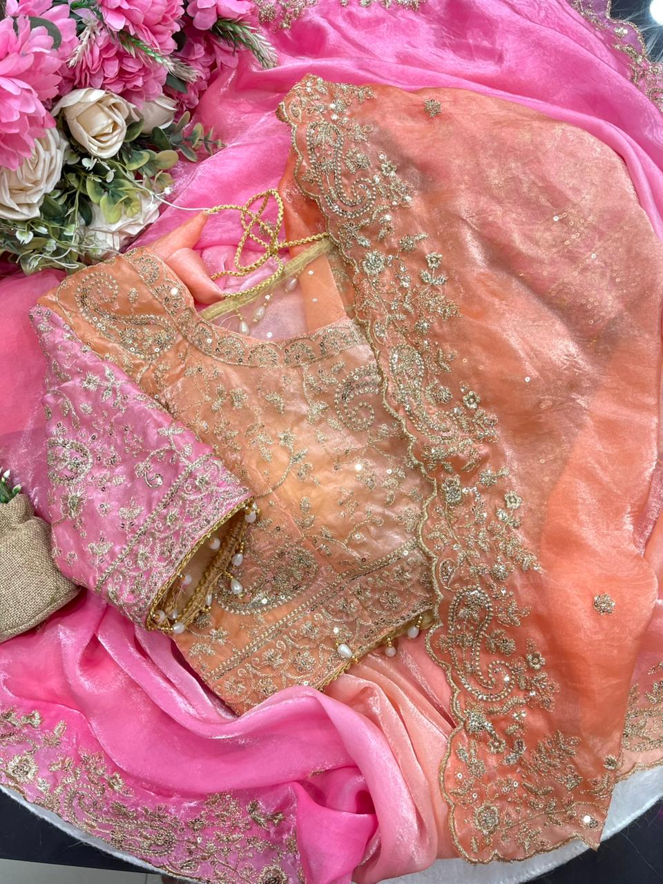 Exuberant Wedding Wear Satin Silk Heavy Embroidery n Aarco Work Fancy Designer Saree With Stitched Blouse