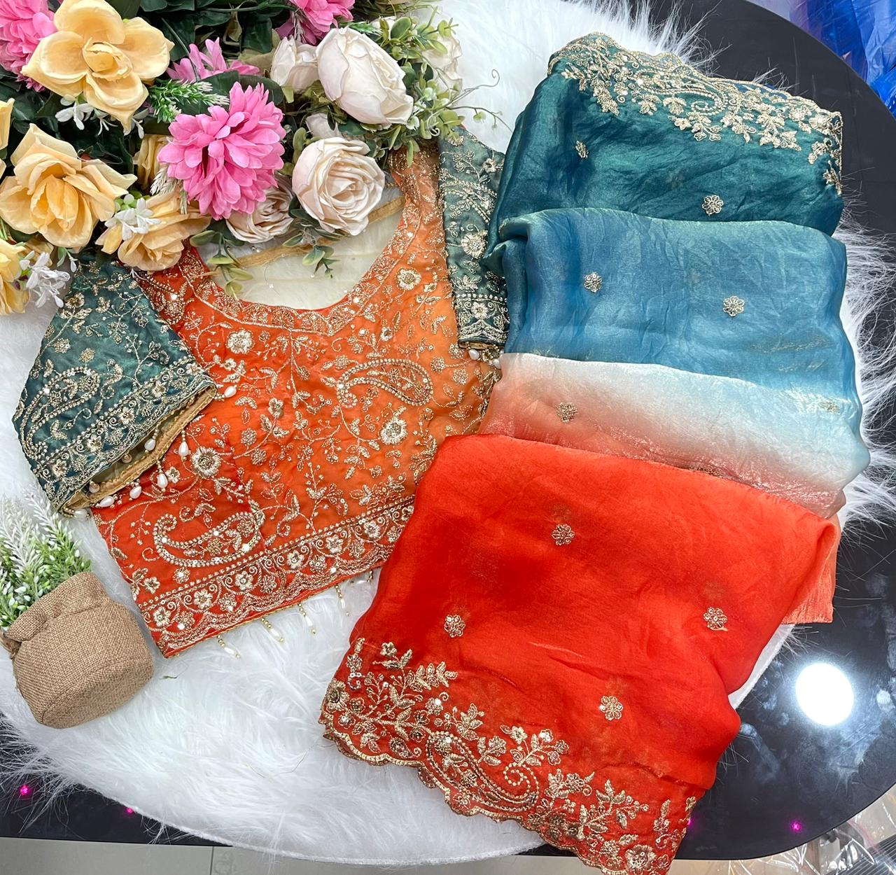 Exuberant Wedding Wear Satin Silk Heavy Embroidery n Aarco Work Fancy Designer Saree With Stitched Blouse