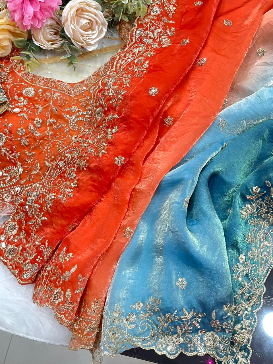 Exuberant Wedding Wear Satin Silk Heavy Embroidery n Aarco Work Fancy Designer Saree With Stitched Blouse