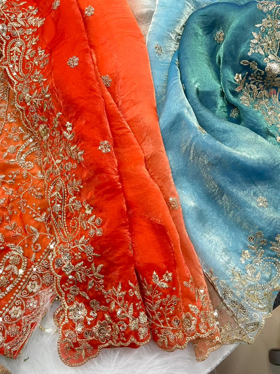 Exuberant Wedding Wear Satin Silk Heavy Embroidery n Aarco Work Fancy Designer Saree With Stitched Blouse