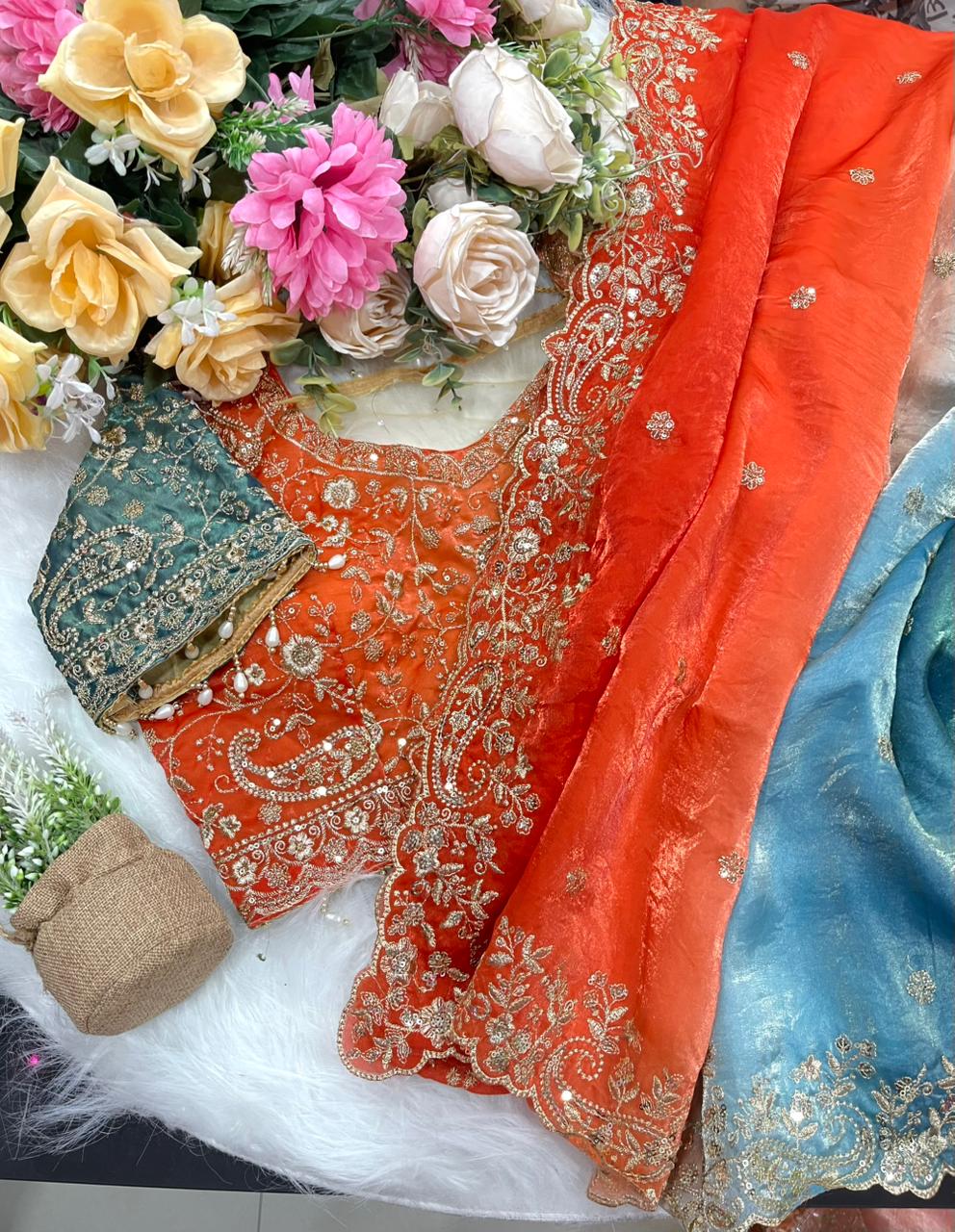 Exuberant Wedding Wear Satin Silk Heavy Embroidery n Aarco Work Fancy Designer Saree With Stitched Blouse
