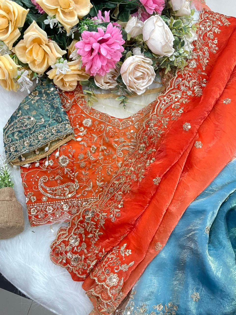 Exuberant Wedding Wear Satin Silk Heavy Embroidery n Aarco Work Fancy Designer Saree With Stitched Blouse
