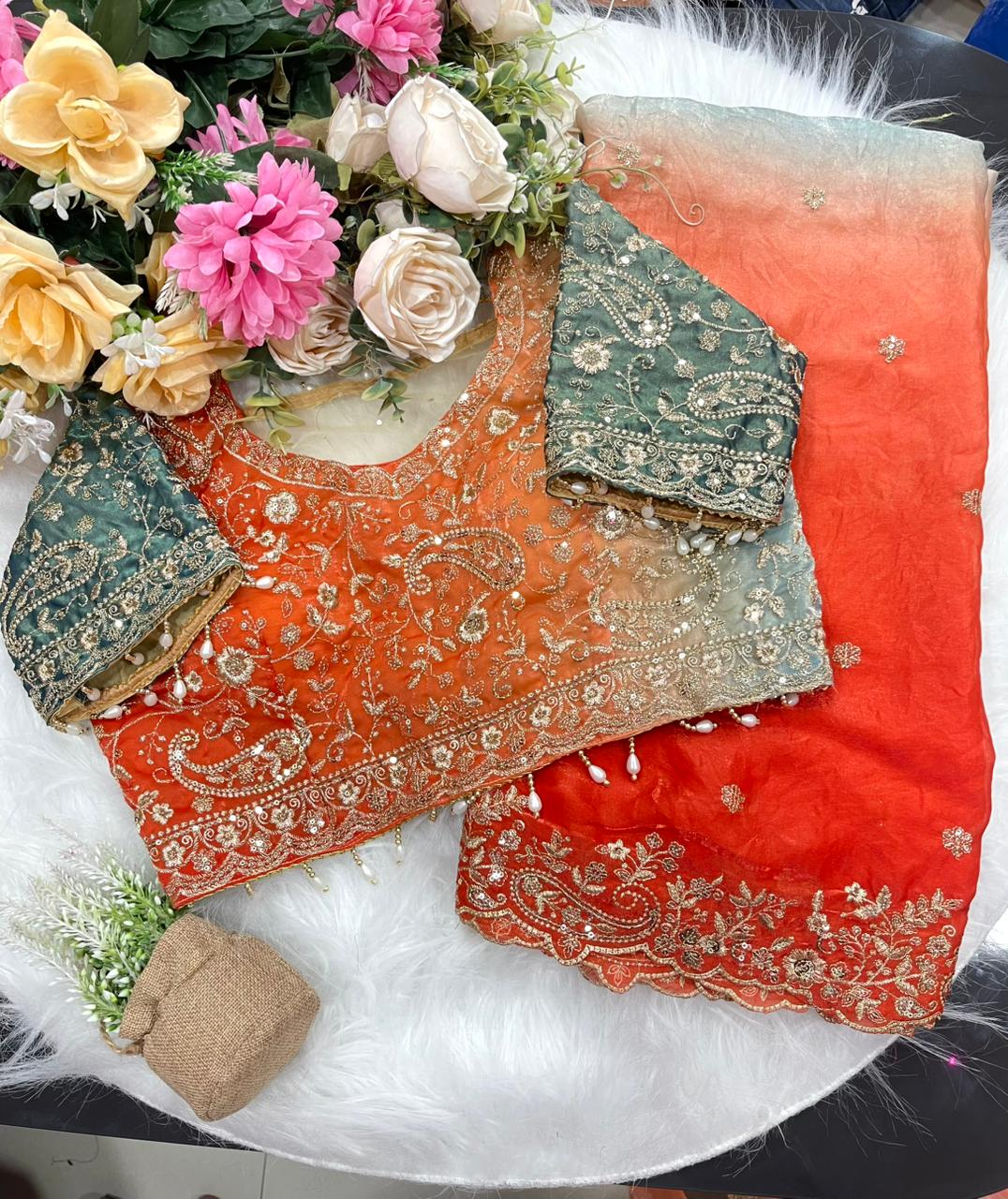 Exuberant Wedding Wear Satin Silk Heavy Embroidery n Aarco Work Fancy Designer Saree With Stitched Blouse