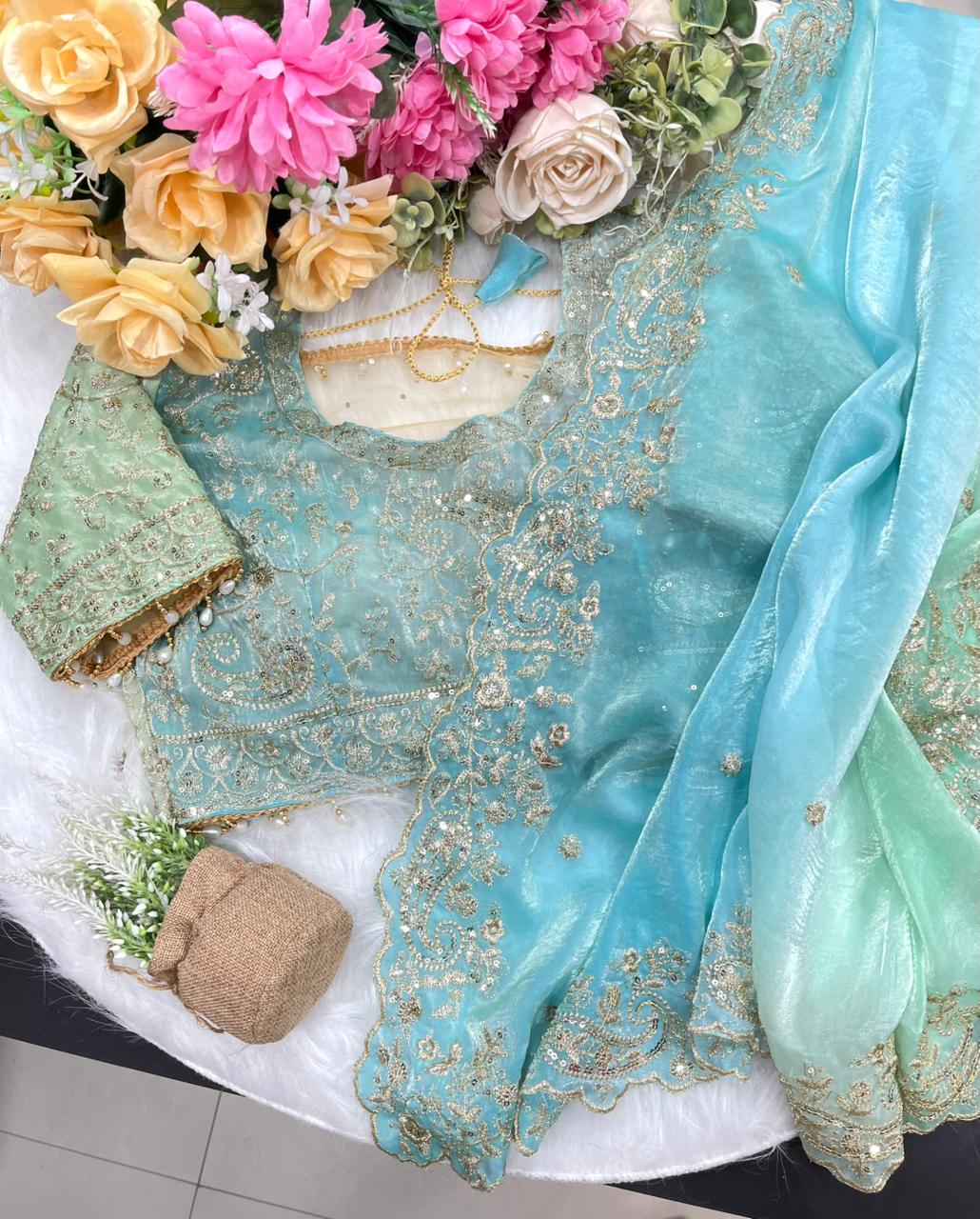 Exuberant Wedding Wear Satin Silk Heavy Embroidery n Aarco Work Fancy Designer Saree With Stitched Blouse