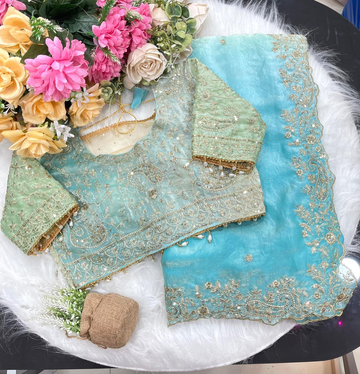 Exuberant Wedding Wear Satin Silk Heavy Embroidery n Aarco Work Fancy Designer Saree With Stitched Blouse
