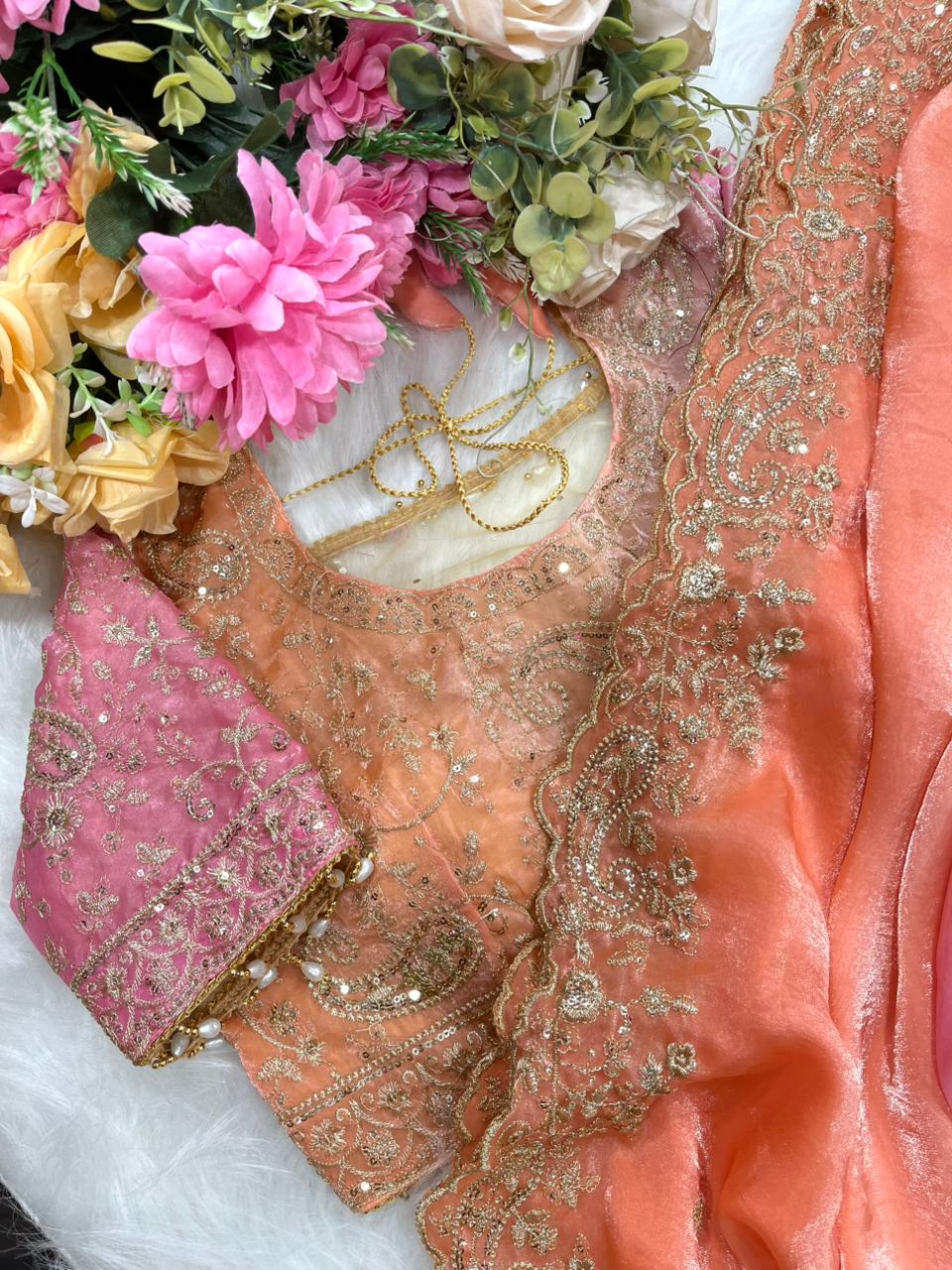 Exuberant Wedding Wear Satin Silk Heavy Embroidery n Aarco Work Fancy Designer Saree With Stitched Blouse