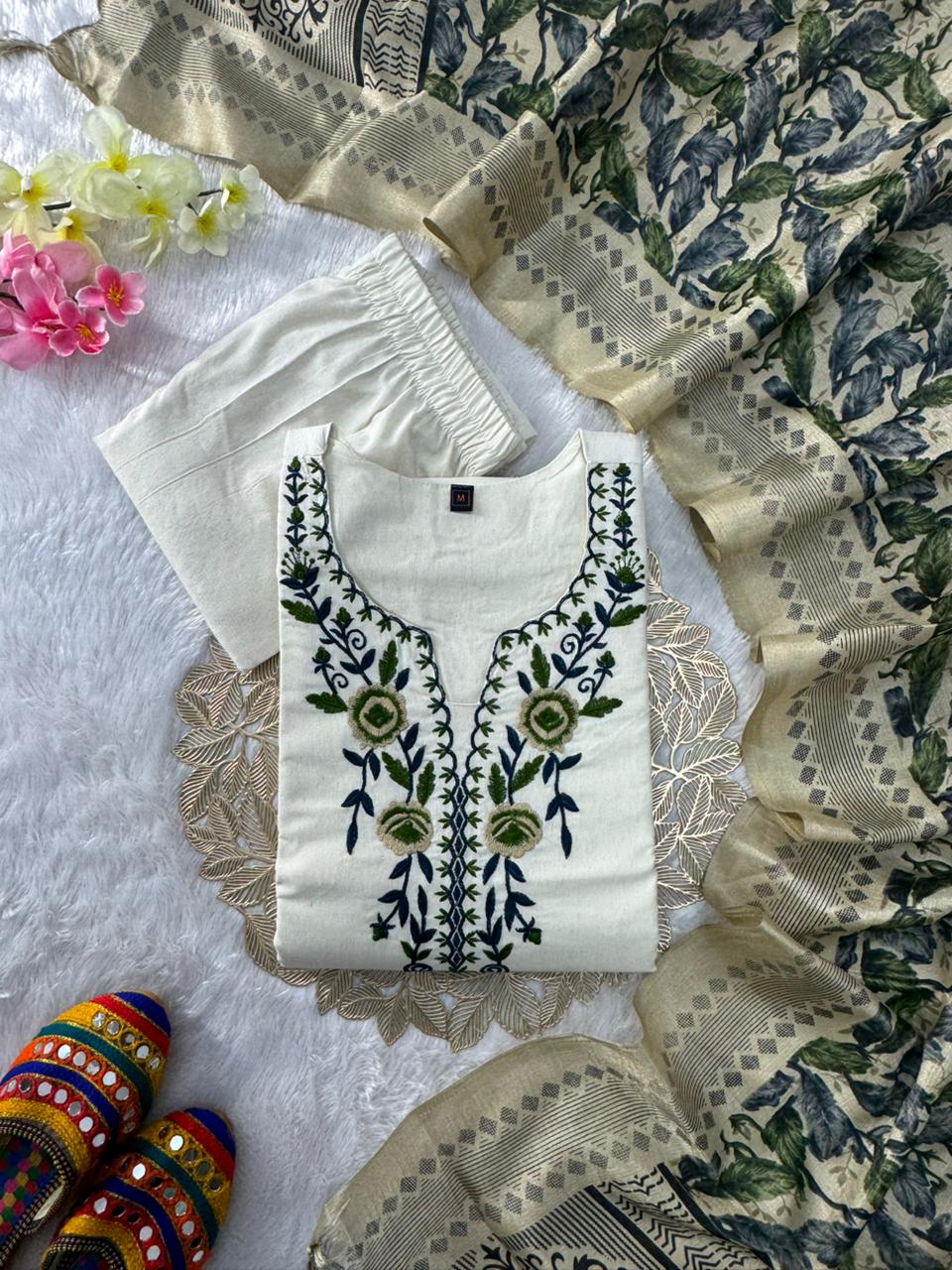 Scrupulous Festive Wear White Colour Embroidery Work Designer Straight Kurta With Trouser n Dupatta Set