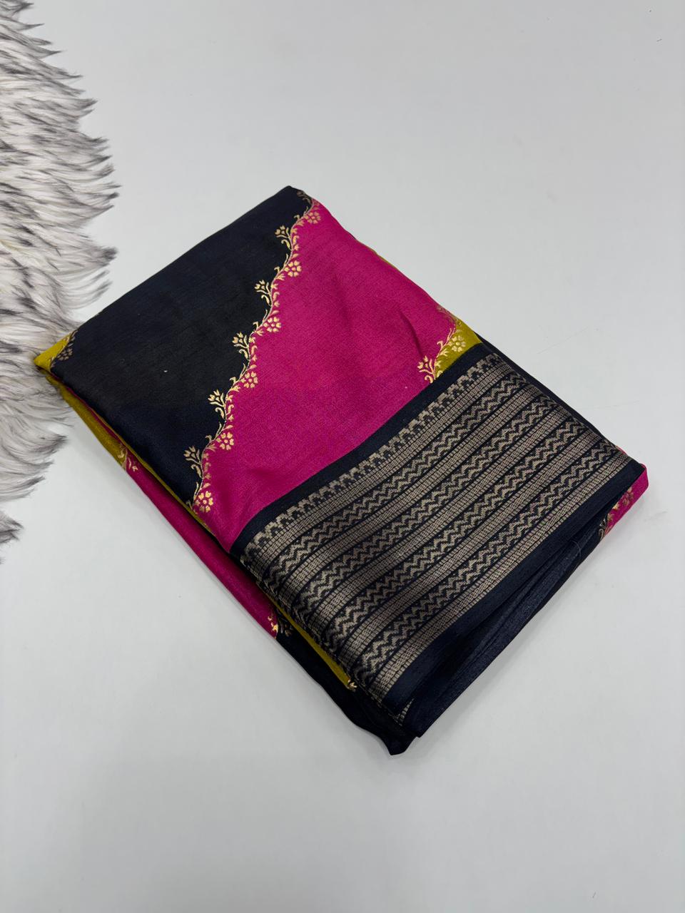 Prettiest Festive Wear Pure Soft Dola Silk Foil Print Zari Weaving Border Fancy Designer Saree With Blouse Piece