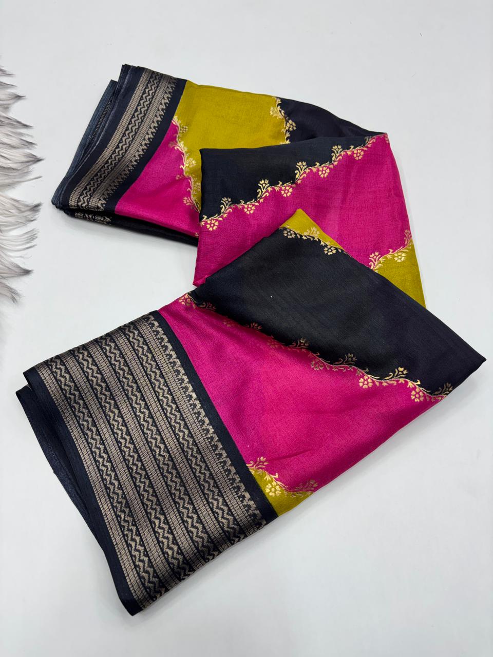 Prettiest Festive Wear Pure Soft Dola Silk Foil Print Zari Weaving Border Fancy Designer Saree With Blouse Piece